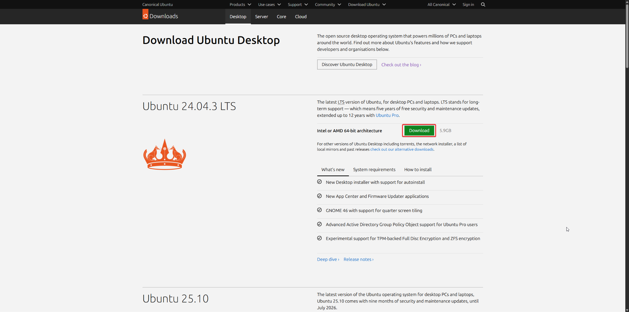 Рис. 1: Страница загрузки Ubuntu